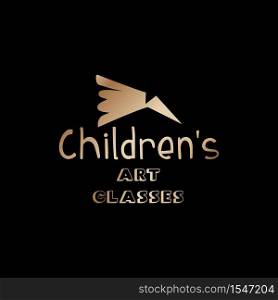 Childrens Art classes golden lettering logo design. Calligraphy school and masters with bronze handdrawn fonts. Gold metal broken pencil sign on black background. Isolated vector logotype. Golden Lettering logo design for Art company