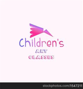 Childrens art classes gradient lettering logo. Art school, kids studio logo with hand drawn font on light pink background. Pink and violet metal broken pencil tip. Isolated vector logotype design. Childrens art classes gradient lettering logo