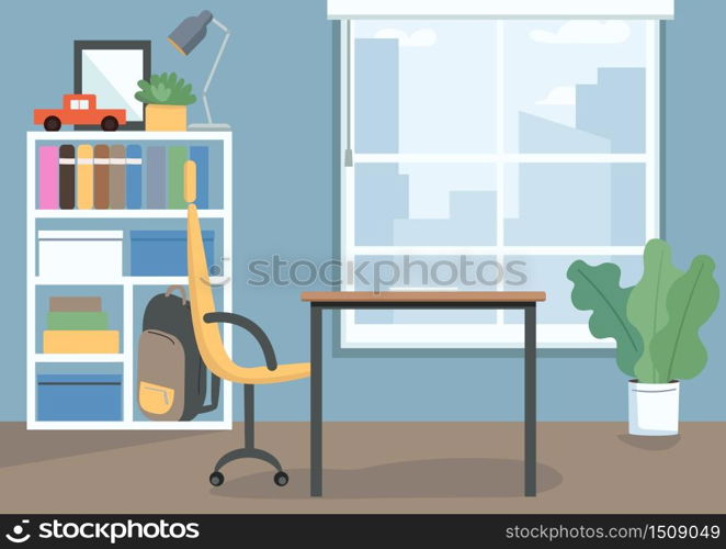 Childrens bedroom flat color vector illustration. Kids room with books and toys on shelves. Desk and chair as place for study. Livingroom 2D cartoon interior with decor on background