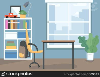 Childrens bedroom flat color vector illustration. Kids room with books and toys on shelves. Desk and chair as place for study. Livingroom 2D cartoon interior with decor on background