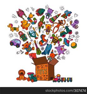Childrens box for toys. Doodle pictures vector illustration. Children toys collection, color kids toys in box. Childrens box for toys. Doodle pictures vector illustration