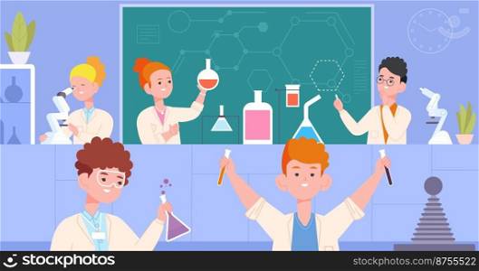 Childrens chemical laboratory. Children in school lab with chemistry solution, kid scientist, scientific research biology microscope experiment vector illustration. Lab school and scientific research. Childrens chemical laboratory. Children in school lab with chemistry solution, cartoon kid scientist, scientific research biology microscope experiment splendid vector illustration
