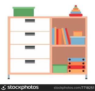 Childrens chest of drawers with plush toys isolated on white background. A commode for medical manipulations and storage of necessary items. Shelves with books and boxes. Furniture for medical office. Childrens chest of drawers with toys isolated on white background. Furniture for a medical office