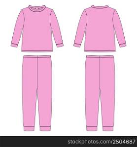 Childrens cotton sweatshirt and pants. Apparel pajamas technical sketch. Kids outline nighwear design template. Pink colors. Front and back view. CAD fashion design. Vector illustration. Childrens cotton sweatshirt and pants. Apparel pajamas technical sketch. Kids outline nighwear design template. Pink colors.