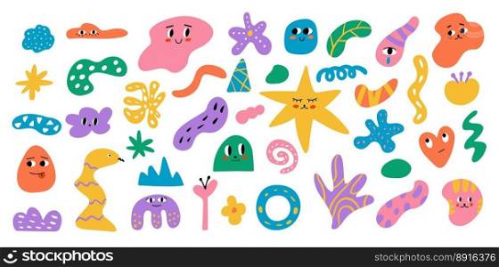 Childrens drawings set with colorful cartoon funny abstract characters and monsters and various graphic elements isolated on white background. Vector illustration