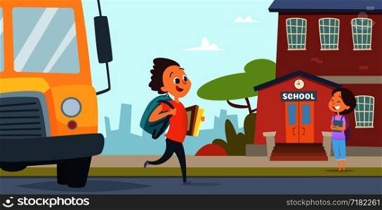 Childrens go to school. Background of back to school. Education girl and boy, schoolboy and bus, vector illustration. Childrens go to school. Background of back to school