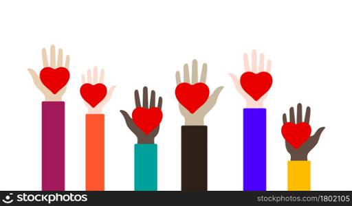 Childrens hands with red hearts raised in different colors. Charity, volunteering and donating concept. Flat vector illustration isolated on white background.. Childrens hands with red hearts. Flat vector illustration isolated on white