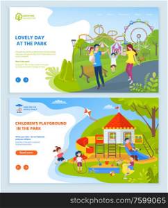 Childrens playground at park vector, kids playing in wooden castle flying paper kite at sky. Family mother and father with kiddo spending time. Website or webpage template, landing page flat style. Playground at Park for Children Website Text Set