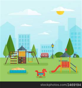 Childrens playground at park with swing slide and sandbox on green grass cityscape in background vector illustration. Childrens Playground At Park
