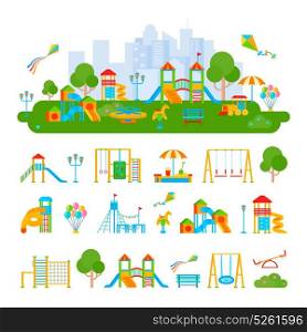 Childrens Playground Constructor Composition. Composition of flat playground scenery and isolated elements plants ladders slippery dips seesaws on blank background vector illustration
