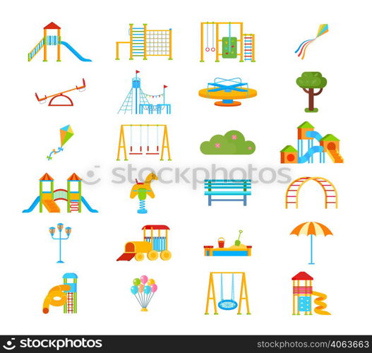 Childrens playground flat isolated elements in cartoon style with slippery dip ladder seesaw gym wall bars vector illustration. Playground Flat Elements Set