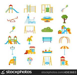 Childrens playground flat isolated elements in cartoon style with slippery dip ladder seesaw gym wall bars vector illustration. Playground Flat Elements Set