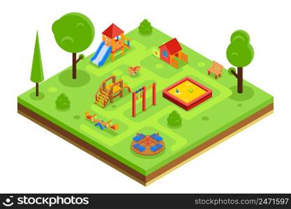 Childrens playground in isometric flat style. Kindergarden with sandpit carousel bench. Vector illustration. Childrens playground in isometric flat style. Vector illustration