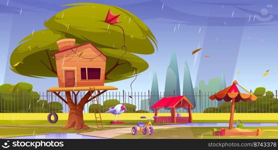 Childrens playground in rainy weather. Cartoon vector illustration of tree house with wooden ladder, toys, tricycle and sandbox in green summer park. Place for kids to play and have fun outdoors. Childrens playground in rainy weather