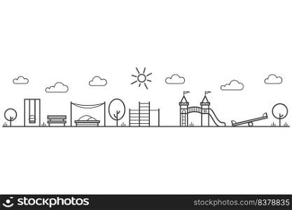 Childrens playground with swings, sandbox and bench in park. Entertainment in kids area. Outline city landscape. Vector illustration.. Childrens playground with swings, sandbox and bench in park. Entertainment in kids area. Outline city landscape. Vector
