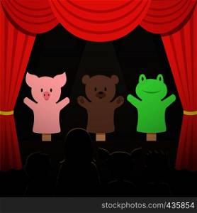 Childrens puppet theater performance with animals actors and kids audience vector illustration. Theater puppet stage for kids. Childrens puppet theater performance with animals actors and kids audience vector illustration