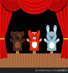 Childrens puppet theater scene with cute animals and red curtain. Cartoon vector illustration. Puppet toy in theater, marionette performance show. Childrens puppet theater scene with cute animals and red curtain. Cartoon vector illustration