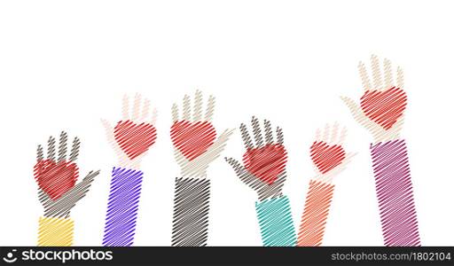 Childrens scribble hands with red hearts raised in different colors. Charity, volunteering and donating concept. Flat vector illustration isolated on white background.. Childrens scribble hands with red hearts. Flat vector illustration isolated on white