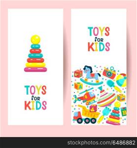 Childrens toy. Vector illustration. A large set of different toys for children. Bright clipart.. A set of childrens toys. Vector illustration