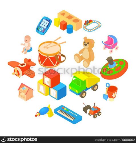 Childrens toys icons set in flat style. Kids games set collection vector illustration. Childrens toys icons set, flat style
