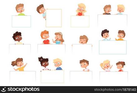Childrens with banners. Kids holding blank white frames happy boys and girls vector cartoon characters. Illustration childhood boy and girl with paper billboard. Childrens with banners. Kids holding blank white frames happy boys and girls vector cartoon characters