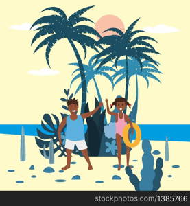 Childs girl and boy with a rubber ring on background of exotic plants of palm sea. Childs girl and boy with a rubber ring on background of exotic plants of palm sea, ocean, beach. Trend modern flat cartoon, vector, isolated, poster