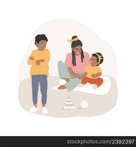 Childs jealousy isolated cartoon vector illustration. Jealousy for younger sibling, parents holding a newborn baby, resentful child stand aside with hands folded, looking away vector cartoon.. Childs jealousy isolated cartoon vector illustration.