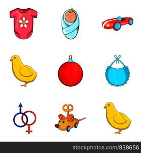 Childs play icons set. Cartoon set of 9 childs play vector icons for web isolated on white background. Childs play icons set, cartoon style