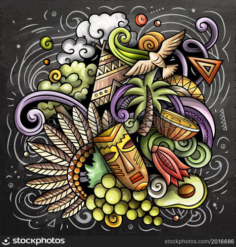Chile cartoon vector doodle chalkboard illustration. Colorful detailed composition with lot of Chilean objects and symbols. Chile cartoon vector doodle chalkboard illustration