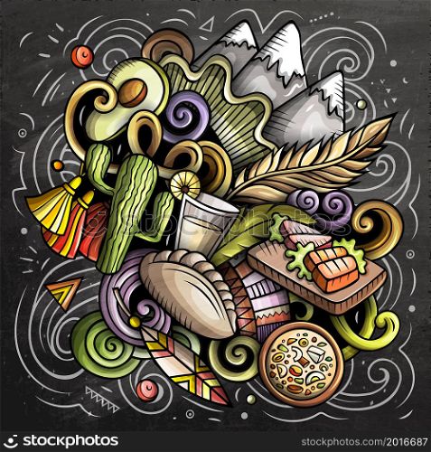 Chile cartoon vector doodle chalkboard illustration. Colorful detailed composition with lot of Chilean objects and symbols. Chile cartoon vector doodle chalkboard illustration