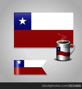 Chile Flag printed on coffee cup and small flag. Vector EPS10 Abstract Template background