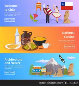 Chile Flat Horizontal Banners. Chile colored horizontal banners set with elements of national symbols landmarks nature and cuisine flat vector illustration