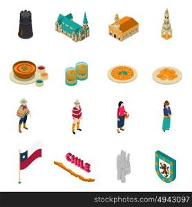 Chile Touristic Attractions Isometric Icons Set. Chile top tourist attractions isometric icons collection with national layered pie dish and churches isolated vector illustration