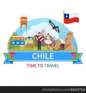 Chile Vector Composition. Chile flat composition with man and woman in ethnic clothes flora and fauna of national Park and historical landmarks icons vector illustration