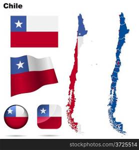 Chile vector set. Detailed country shape with region borders, flags and icons isolated on white background.