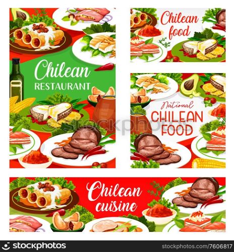 Chilean cuisine restaurant vector menu covers. Chili traditional lunch dishes, cannelloni pasta with mushrooms, beef fillet in wine glaze and mate tea, salmon fish fillet and sea bass. Chilean cuisine menu, traditional Chile meals