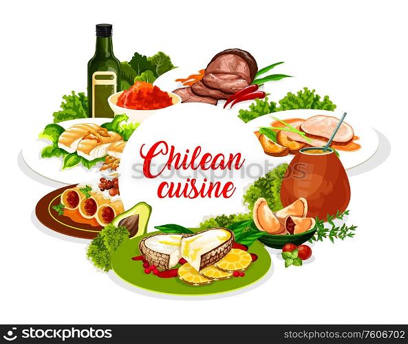 Chilean cuisine, traditional lunch and dinner food dishes, authentic restaurant vector menu. Chilean mate tea drink, pork fillet with apples and beef in wine glaze, pasta with mushrooms and salmon. National Chilean authentic cuisine menu