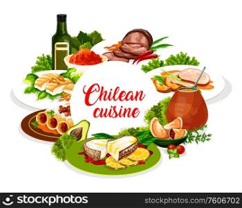 Chilean cuisine, traditional lunch and dinner food dishes, authentic restaurant vector menu. Chilean mate tea drink, pork fillet with apples and beef in wine glaze, pasta with mushrooms and salmon. National Chilean authentic cuisine menu