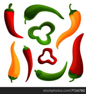Chili icons set. Cartoon set of chili vector icons for web design. Chili icons set, cartoon style