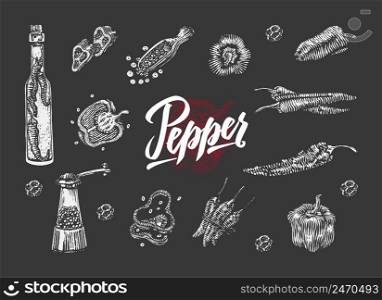 Chili pepper elements collection of different variations in hand drawn style on dark background isolated vector illustration. Chili Pepper Elements Collection