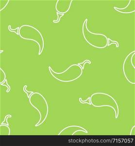 Chili pepper line seamless vegetable pattern vector flat illustration. Fresh food pattern in white and green colors with chili pepper vegetable silhouette seamless element for healthy vegetarian menu. Chili pepper line seamless vegetable pattern