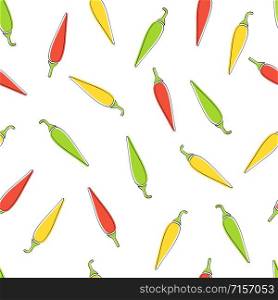 Chili pepper seamless vegetable background vector flat illustration. Modern seamless texture background design with chili pepper vegetable in natural colors for wrapping paper or restaurant wallpaper. Chili pepper seamless vegetable background design