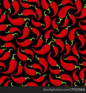 Chili pepper seamless vegetable pattern vector flat illustration. Natural food black pattern design with chili pepper vegetable seamless texture in bright red color for autumn celebration card.. Red chili pepper seamless vegetable black pattern