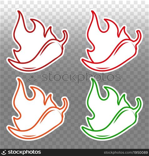 Chili Pepper Spice Levels. Hot pepper sign with fire flame for packing spicy food. Vector illustration. Chili Pepper Spice Levels. Hot pepper sign with fire flame for packing spicy food. Vector illustration.