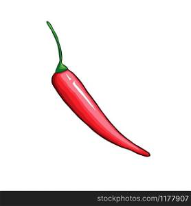 Chili single pepper hand drawn vector illustration. Traditional mexican food ingredient cartoon symbol. Natural spicy vegetables, tasty organic spices. Delicious cayenne, red jalapeno. Hot chili pepper flat vector illustration