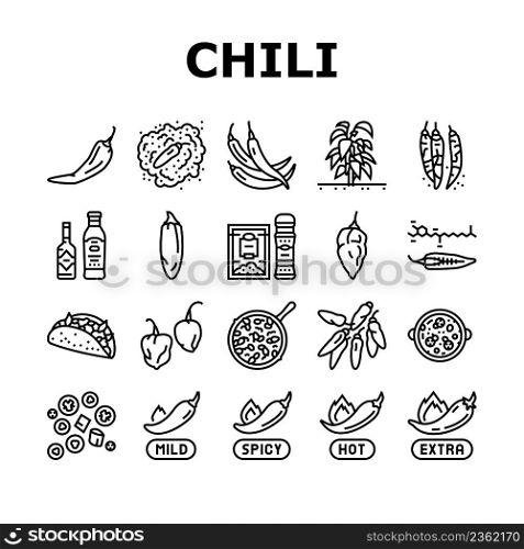 Chili Spicy Natural Vegetable Icons Set Vector. Habanero And Cayenne, Capsaicin And Jalapeno Chili Pepper Bio Product Harvesting In Garden. Sauce And Mexican Food Black Contour Illustrations. Chili Spicy Natural Vegetable Icons Set Vector