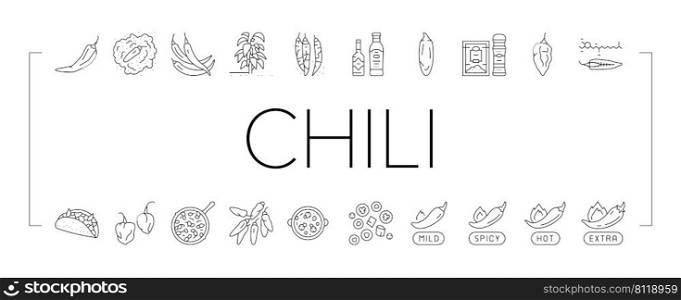 Chili Spicy Natural Vegetable Icons Set Vector. Habanero And Cayenne, Capsaicin And Jalapeno Chili Pepper Bio Product Harvesting In Garden. Sauce And Mexican Food Black Contour Illustrations. Chili Spicy Natural Vegetable Icons Set Vector