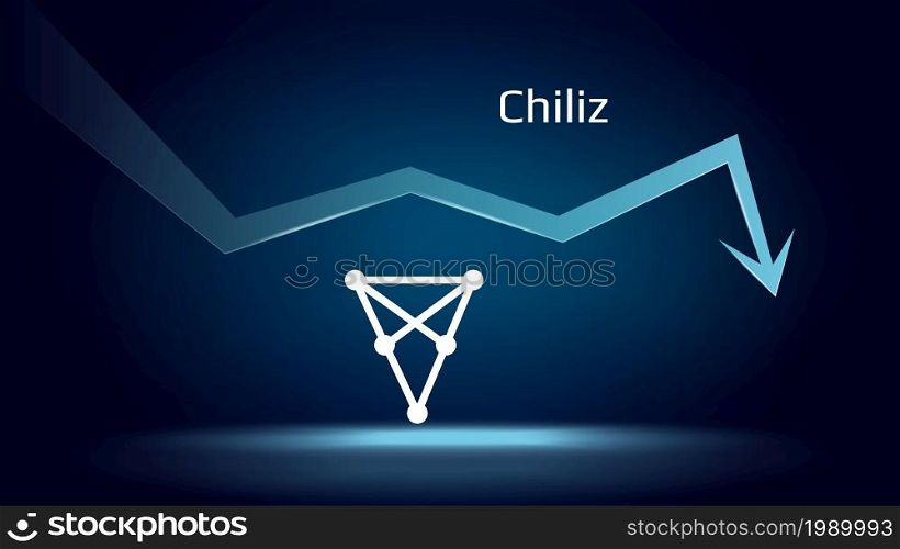 Chiliz CHZ in downtrend and price falls down. Cryptocurrency coin symbol and down arrow. Crushed and fell down. Cryptocurrency trading crisis and crash. Vector illustration.. Chiliz CHZ in downtrend and price falls down. Cryptocurrency coin symbol and down arrow. Crushed and fell down. Cryptocurrency trading crisis and crash.