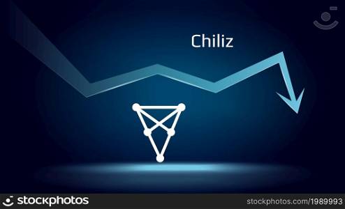 Chiliz CHZ in downtrend and price falls down. Cryptocurrency coin symbol and down arrow. Crushed and fell down. Cryptocurrency trading crisis and crash. Vector illustration.. Chiliz CHZ in downtrend and price falls down. Cryptocurrency coin symbol and down arrow. Crushed and fell down. Cryptocurrency trading crisis and crash.