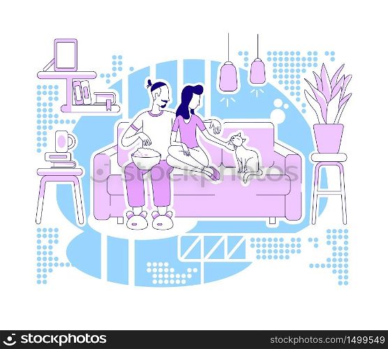Chill at home flat silhouette vector illustration. Man and woman rest on couch. Relaxation on sofa. Couple outline characters on blue background. Weekend recreation simple style drawing. Chill at home flat silhouette vector illustration